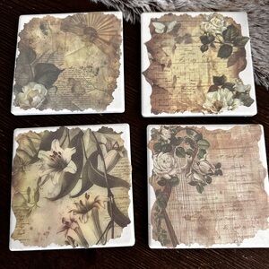 Hand Crafted Vintage print Floral Coasters set in Cream, Brown, Green